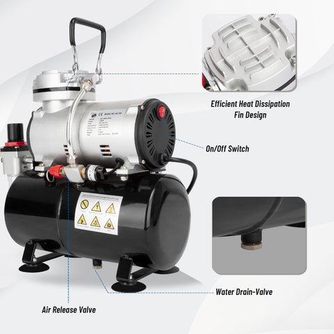 Oil Free Airbrush Compressor AS186 With 3L Tank Regulator And Moisture Trap, showing valves, switch, and heat dissipation design