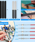 82 Piece Pro Model Tool Kit showing double-sided sanding sticks, needle files for plastic models, and detailing tools.