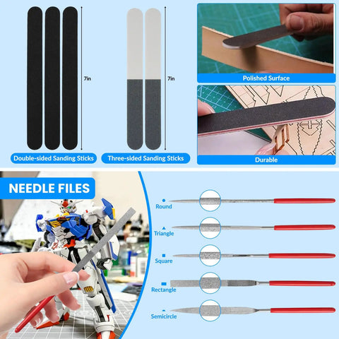 82 Piece Pro Model Tool Kit showing double-sided sanding sticks, needle files for plastic models, and detailing tools.