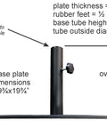 Dimensions and features of Heavy Duty Steel Plate Umbrella Base 36 Lbs Solid A Grade Steel With Black Powder Coat Low Profile Under 1 Inch