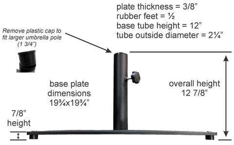 Dimensions and features of Heavy Duty Steel Plate Umbrella Base 36 Lbs Solid A Grade Steel With Black Powder Coat Low Profile Under 1 Inch