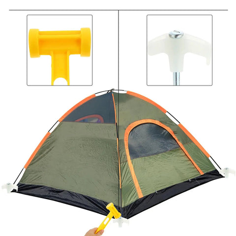 Tent setup using Glow In The Dark Spiral Tent Pegs 10 Pack Steel Stakes With Hammer 5m Rope And Carry Bag Windproof Ground Anchors.