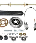 32 Inch Rear Axle Assembly Kit For Go Kart And ATV With Shaft Hub Chain Brake Master Cylinder Caliper Brake Disc Pillow Blocks Sprocket Mounting Hardware DIY Replacement displayed with all components