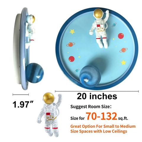 20 Inch Astronaut Ceiling Light for Kids Room with Resin Planet and Astronaut Figurine, Side and Top View