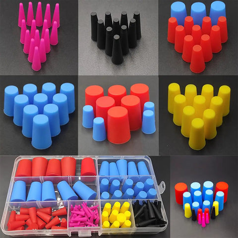 100 Count Silicone Rubber Tapered Plugs Set One Sixteenth To Five Eighths Inch Universal Size High Temperature Resistant visible in assorted colors