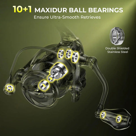 Sharky X Spinning Reel With Six Point Two To One Gear Ratio And Carbon Fiber Drag 33 Lb And Thirty Nine And A Half Pound Ten Plus One Stainless Steel Bearings Ultra Lightweight Nylitech Body For Freshwater And Saltwater Fishing, focus on 10+1 Maxidur ball bearings and double shielded stainless steel design, ensuring smooth retrieves.