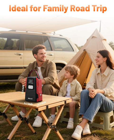 Family camping with All In One Jump Starter With Air Compressor Portable 12V Battery Pack For 9 Liter Gas And 8 Liter Diesel Engines