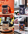 Set of four vintage floral teapots with built-in infusers, showcasing unique designs and green wooden handles, in home settings