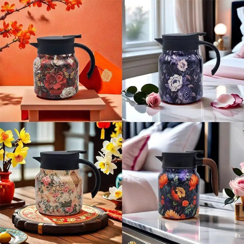 Set of four vintage floral teapots with built-in infusers, showcasing unique designs and green wooden handles, in home settings