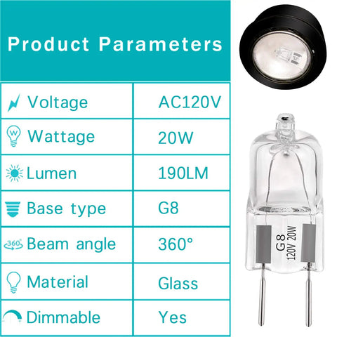 G8 Halogen Under Cabinet Light Bulbs 20W 120V Replacement Pack Of 10, 2700K Warm White, dimmable bi pin 2 pin, product details chart