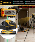 Auto Tracking 4D Laser Level With 16 Green Laser Lines, Motorized 360 Base For Solo Layouts, mounted on tripod in room