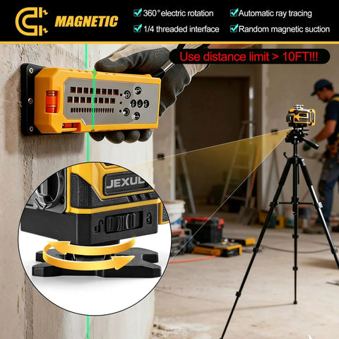 Auto Tracking 4D Laser Level With 16 Green Laser Lines, Motorized 360 Base For Solo Layouts, mounted on tripod in room