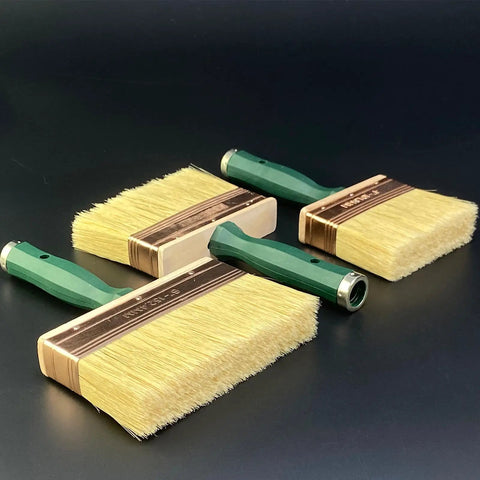Pro Grade Deck Stain Brush Set 3 Pack Large 4 Inch 5 Inch 6 Inch With Threaded Extension Hole displayed against black background.