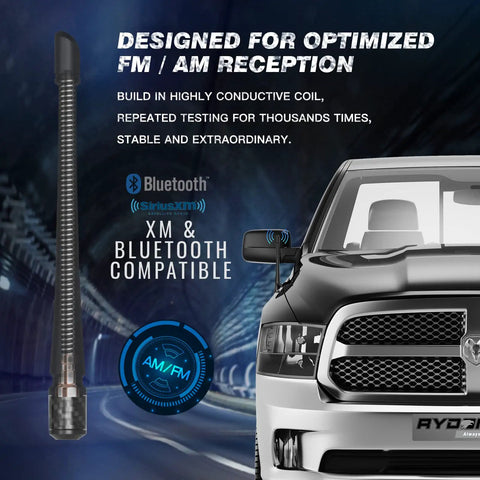 Seven Inch Rubber Antenna Replacement For Dodge Ram 1500 2500 3500 And Ford F150 F250 F350 Super Duty 1990 To 2026 shown installed