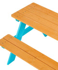 Top view of Wooden Outdoor Kids Picnic Table And Bench Set In Brown And Aqua, Durable Backyard Furniture for playtime