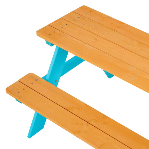 Top view of Wooden Outdoor Kids Picnic Table And Bench Set In Brown And Aqua, Durable Backyard Furniture for playtime