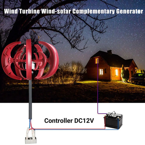 600W Vertical Axis Wind Turbine Kit With 5 High Efficiency Blades 12V DC Generator at night with illuminated house