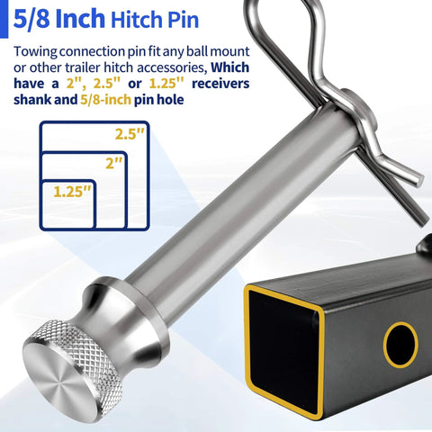 Stainless Steel Five Eighth Inch Hitch Pin And Lock Clip For Two Inch And Two Point Five Inch Receiver Hitches, front view