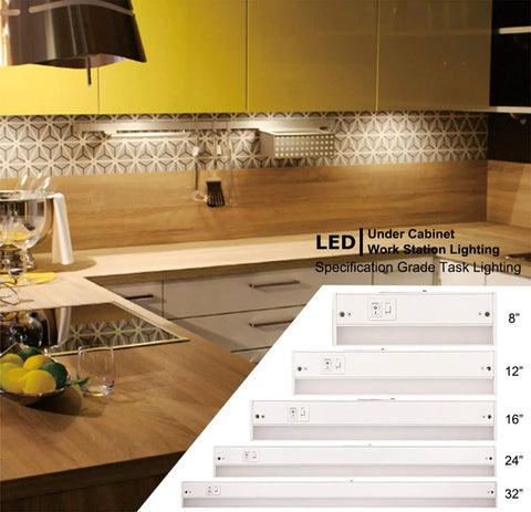 3 In 1 Color Temp Dimmable LED Under Cabinet Light 32 Inch shown in modern kitchen setup with size options
