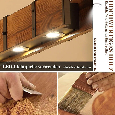 Close-up of Rustic Wood LED Hanging Pendant Light For Dining Room And Kitchen Island 100cm Adjustable Height Modern Sputnik Style Ceiling Fixture 40W Lit Warm Glow Dimmable Ready Ideal For Living Room Cafe Office, showing wood construction and LED lights.