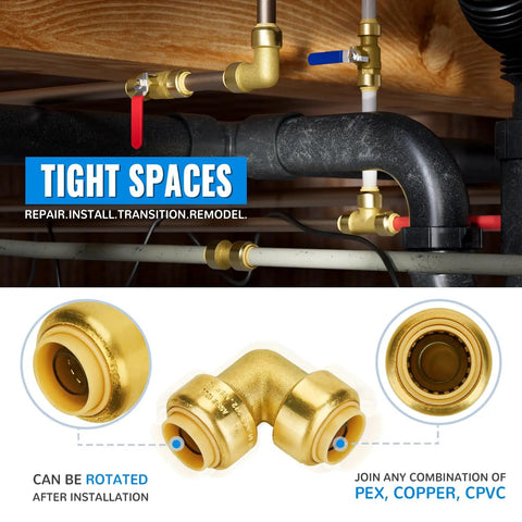 1/2 Inch Push To Connect 90 Degree Elbow Fittings Kit For PEX Pipe Copper CPVC Lead Free Brass With 1 Disconnect Clip, 6 Pack installed with pipes