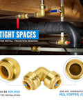Half Inch Push To Connect PEX Elbow, 90 Degree Brass Fitting For PEX Copper CPVC, lead-free installation under sink.