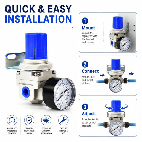 Adjustable Air Pressure Regulator For Compressors With Gauge From Zero To One Hundred Sixty PSI installation steps diagram