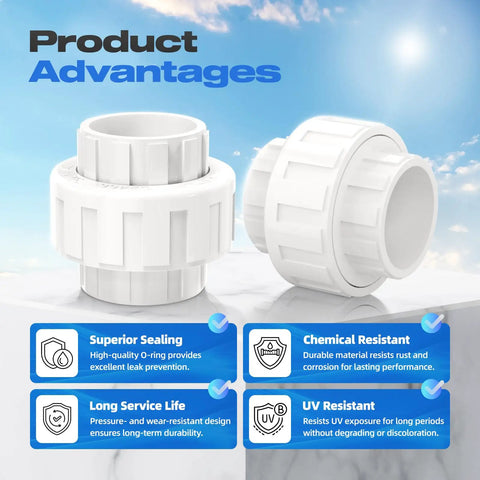Two-Pack 1-1/2 Inch PVC Union Couplings Slip Joint Adapters Socket To Socket With Built-In EPDM O-Ring, product advantages displayed