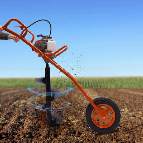Kebayuneth 63CC gas-powered earth auger with orange frame and single wheel; angled side view showing 3.15-in drill bit.