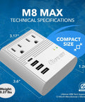 World Travel Plug Adapter M8 Max With 3 USB Ports And 18W USB C Fast Charge, 2 US Outlets, dimensions and weight displayed.