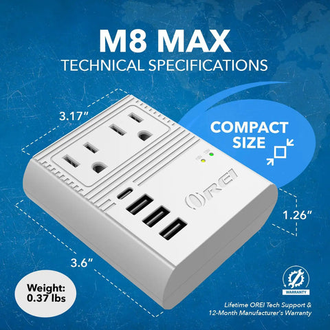 World Travel Plug Adapter M8 Max With 3 USB Ports And 18W USB C Fast Charge, 2 US Outlets, dimensions and weight displayed.