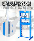 Beefy 20 Ton Hydraulic H Frame Shop Press With Adjustable Work Table And Press Plates, Heavy Duty Auto Repair Press, Blue, in garage