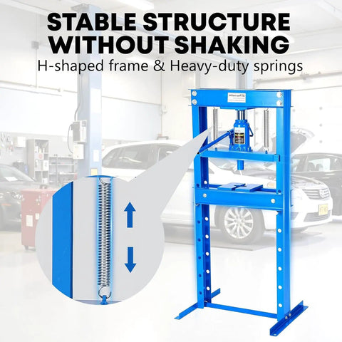 Beefy 20 Ton Hydraulic H Frame Shop Press With Adjustable Work Table And Press Plates, Heavy Duty Auto Repair Press, Blue, in garage