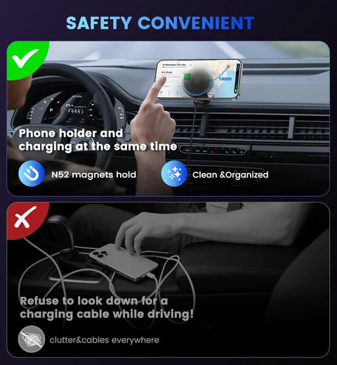 Dashboard view showing 3 In 1 Car Phone Mount Charger With 15W Wireless Fast Charge, LED Ambient Light, and Built In Cable Management