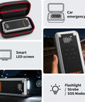 Image showing W160 Jump Starter With Air Compressor 5000A in case, LED screen, handheld view, and flashlight modes.