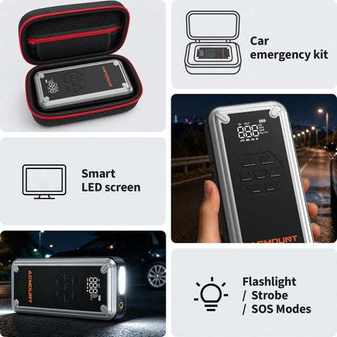 Image showing W160 Jump Starter With Air Compressor 5000A in case, LED screen, handheld view, and flashlight modes.