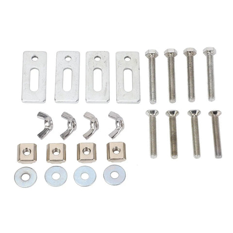 Grab These Epic Mini T Track Hold Down Clamps, A Sweet 4 Pack Packed With Durable Zinc Alloy For Your 3018 CNC Router Setup. Various metal hardware components shown.
