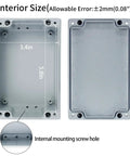 Interior view of Heavy Duty Aluminum Alloy Junction Box With IP66 Waterproof Seal measuring 3.4x5.8 inches with mounting screw holes.