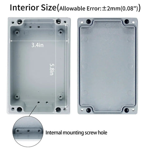 Interior view of Heavy Duty Aluminum Alloy Junction Box With IP66 Waterproof Seal measuring 3.4x5.8 inches with mounting screw holes.