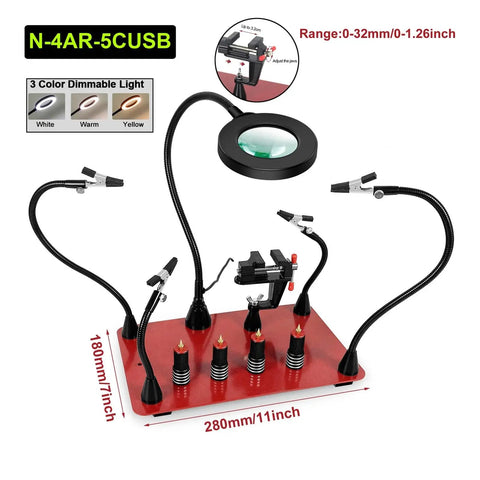 Heavy Duty Welding Stand With Magnetic Flexible Arm Holder And 3X LED Magnifying Lamp For Soldering And Repair on red base