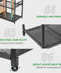 Heavy Duty Steel Garden Tool Rack With Two Tier Wooden Shelves And Six Hooks For Garage Organization detailed close-ups