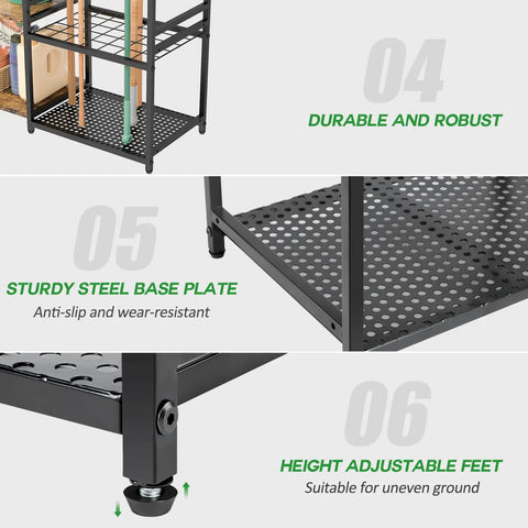 Heavy Duty Steel Garden Tool Rack With Two Tier Wooden Shelves And Six Hooks For Garage Organization detailed close-ups