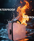 Pink Fireproof And Waterproof Document Organizer Box With Lock For Important Papers, surrounded by fire and water
