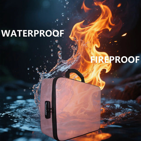 Pink Fireproof And Waterproof Document Organizer Box With Lock For Important Papers, surrounded by fire and water