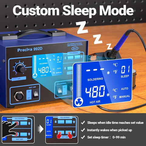 Custom sleep mode feature of 2-In-1 Soldering And Hot Air Rework Station With Large LCD Display PID Temperature Control shown