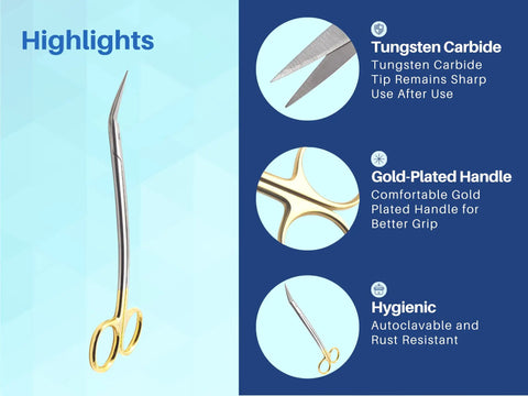 Dean Scissors 7 Inch Double Curved Gold Plated Surgical Dental ENT Pro Grade With Tungsten Carbide Inserts