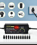 Adjustable Universal Power Supply Adapter 4A 144W Variable DC Output 3V To 36V With 14 Tips and test lead, showing LED display and multiple devices powered.