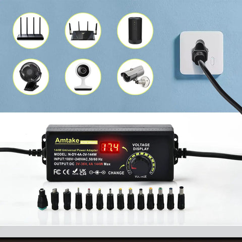 Adjustable Universal Power Supply Adapter 4A 144W Variable DC Output 3V To 36V With 14 Tips and test lead, showing LED display and multiple devices powered.