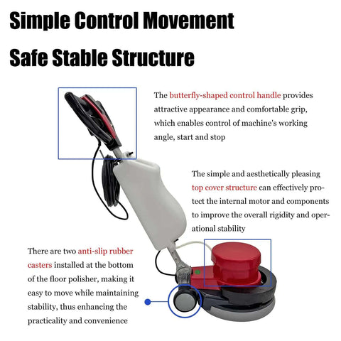 Side view of heavy duty industrial floor scrubber and polisher for commercial floors and carpets with simple controls and caster wheels