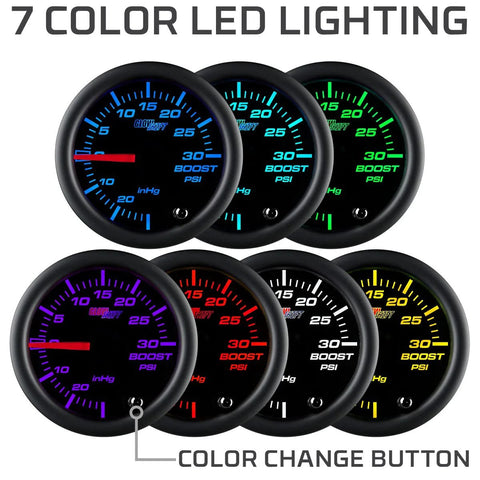 Front view of GlowShift 2-1/16 in (52 mm) turbo boost/vacuum gauge kit with 7-color LED lighting